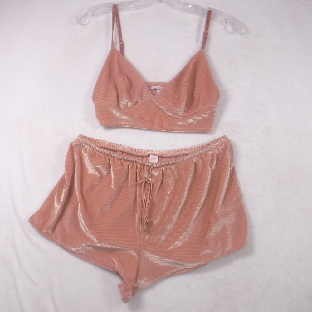 Victorias Secret Pink Ribbed Velvet Pajama Set Bralette and Shorts Medium